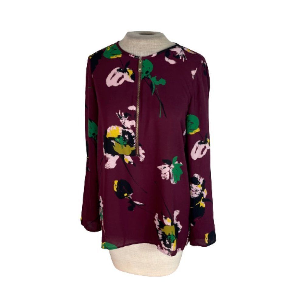 Chaus New York Floral Top Shirt Blouse Burgundy Purple Red S Small